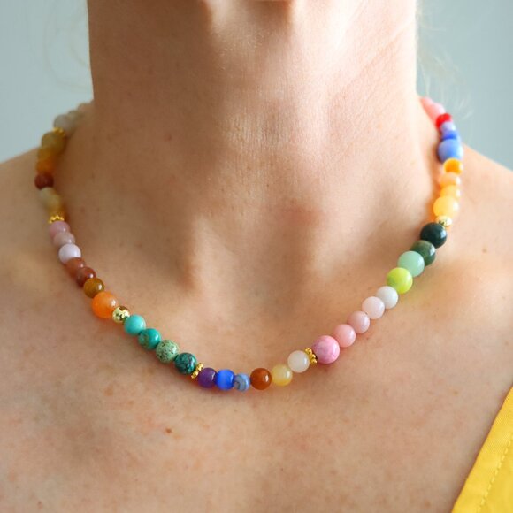 Genuine Pink Opal and Turquoise Candy Crush Necklace with 18k Gold Beads - Picture 3 of 3